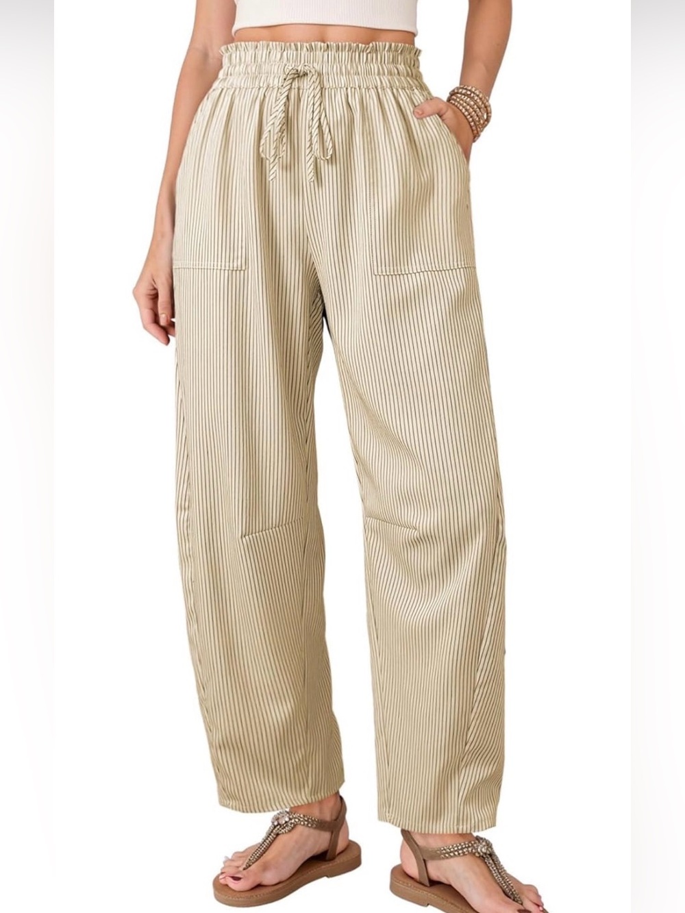 NWT Drawstring High-Waist Barrel Pants - Cream Pinstripe, Size Small